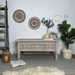 Neutral Boho Patterned Style Pine Coffee Table, With Drawer - thumbnail 2