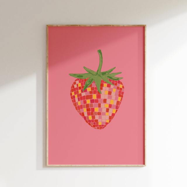 Disco Ball Strawberry Wall Art - Poster Trendy House Aesthetic Food Home Autumn Homeware - image 1