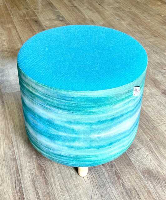 Emerald Sea Linen & Turquoise Harris Tweed Footstool With Tiny Wooden Legs - image 1