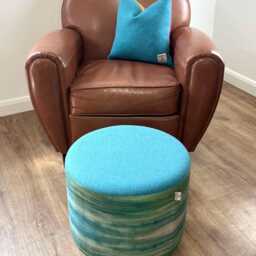 Emerald Sea Linen & Turquoise Harris Tweed Footstool With Tiny Wooden Legs - thumbnail 4