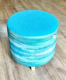 Emerald Sea Linen & Turquoise Harris Tweed Footstool With Tiny Wooden Legs