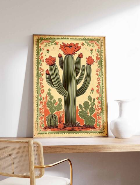 Vintage Mexican Cactus Art Print, Colourful Floral Poster - image 1