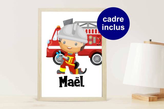 Customizable Frame With A Child Firefighter, Decoration Of Firefighter Boy's Room - image 1