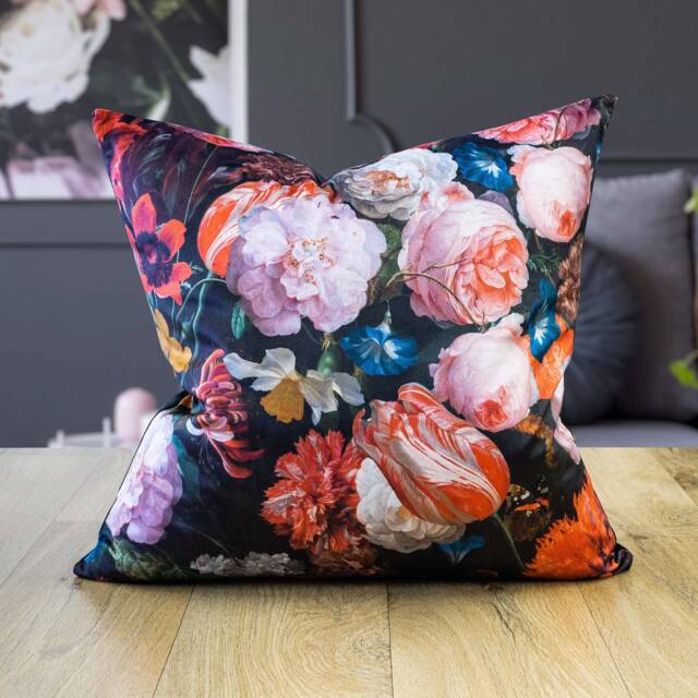 Velvet Garden Cushion. Dutch Flower Painting Design - Tulips, Butterflies, Peonies & Insects On Deep Black Velvet. 17x17 - image 1