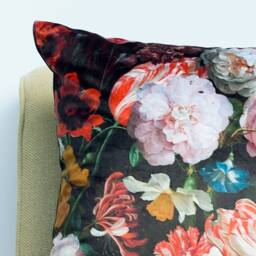 Velvet Garden Cushion. Dutch Flower Painting Design - Tulips, Butterflies, Peonies & Insects On Deep Black Velvet. 17x17 - thumbnail 3