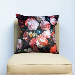 Velvet Garden Cushion. Dutch Flower Painting Design - Tulips, Butterflies, Peonies & Insects On Deep Black Velvet. 17x17 - thumbnail 2