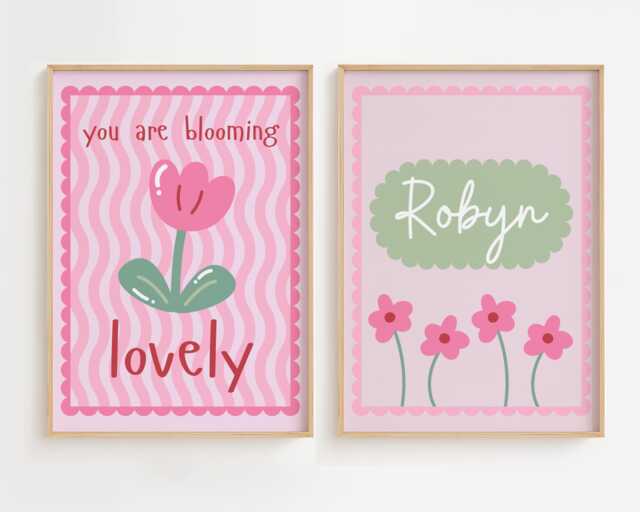 You Are Blooming Lovely Print Set Of 2 - Personalised Name Girls Room Kids Bedroom Poster Playroom Nursery Prints Cute Flower - image 1