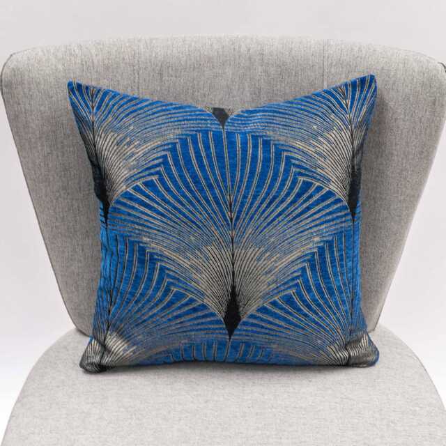 Art Deco Retro Fan Cushion in Electric Blue & Metallic Silver. Vintage Design. Luxury Velvet Chenille. 17x17 - image 1