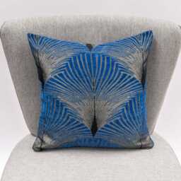 Art Deco Retro Fan Cushion in Electric Blue & Metallic Silver. Vintage Design. Luxury Velvet Chenille. 17x17