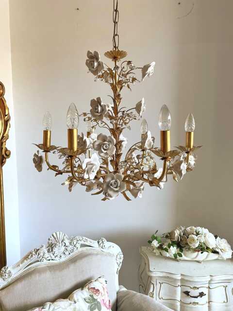 Capodimonte Style Ceramic White Roses Italian Hand Forged Wrought Iron 6 Lights Gold Leaf Chandelier With Crystals - image 1