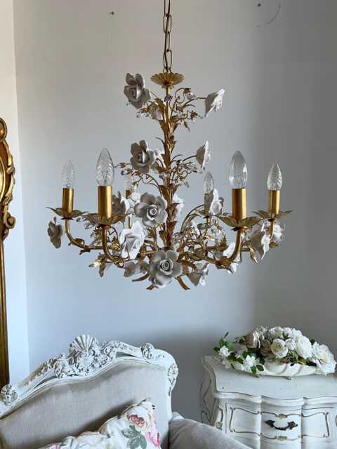Capodimonte Style Ceramic White Roses Italian Hand Forged Wrought Iron 6 Lights Gold Leaf Chandelier With Crystals - image 1