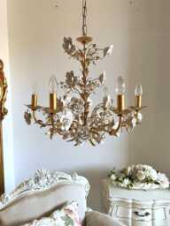 Capodimonte Style Ceramic White Roses Italian Hand Forged Wrought Iron 6 Lights Gold Leaf Chandelier With Crystals - thumbnail 1