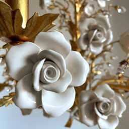 Capodimonte Style Ceramic White Roses Italian Hand Forged Wrought Iron 6 Lights Gold Leaf Chandelier With Crystals - thumbnail 2