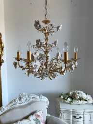 Capodimonte Style Ceramic White Roses Italian Hand Forged Wrought Iron 6 Lights Gold Leaf Chandelier With Crystals - thumbnail 1