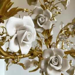 Capodimonte Style Ceramic White Roses Italian Hand Forged Wrought Iron 6 Lights Gold Leaf Chandelier With Crystals - thumbnail 4