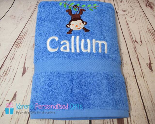 Personalised Kids Bath Towel, Blue Monkey Children's Swim Embroidered - Choice Of Colours - image 1
