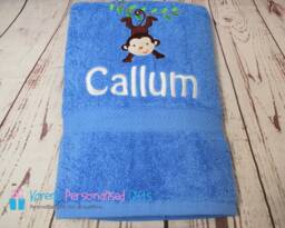 Personalised Kids Bath Towel, Blue Monkey Children's Swim Embroidered - Choice Of Colours - thumbnail 1
