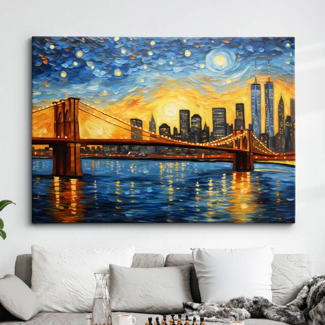Brooklyn Bridge New York City Starry Night Painting Van Gogh Wall Art, Framed Canvas Poster Print, Home Kitchen Office Room Decor, Gifts - image 1