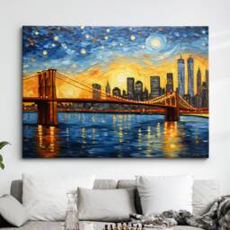 Brooklyn Bridge New York City Starry Night Painting Van Gogh Wall Art, Framed Canvas Poster Print, Home Kitchen Office Room Decor, Gifts - thumbnail 1