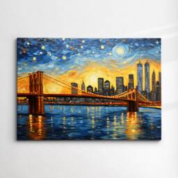 Brooklyn Bridge New York City Starry Night Painting Van Gogh Wall Art, Framed Canvas Poster Print, Home Kitchen Office Room Decor, Gifts - thumbnail 3