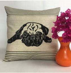 Hand Block Print Pug Pillow Ticking Stripe Decorative Cushion