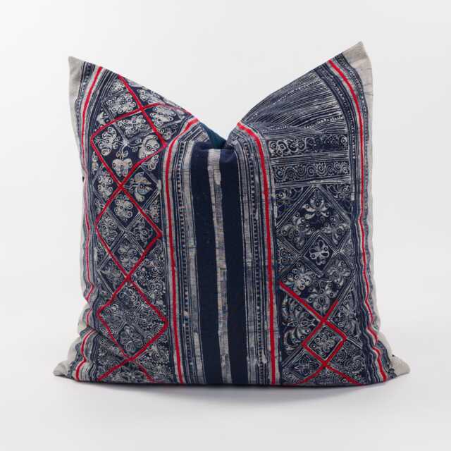 Indigo Dyed Hmong Pillow Cover, Tribal Embroidery Accent Cushion, Boho Throw - 22x22 - image 1