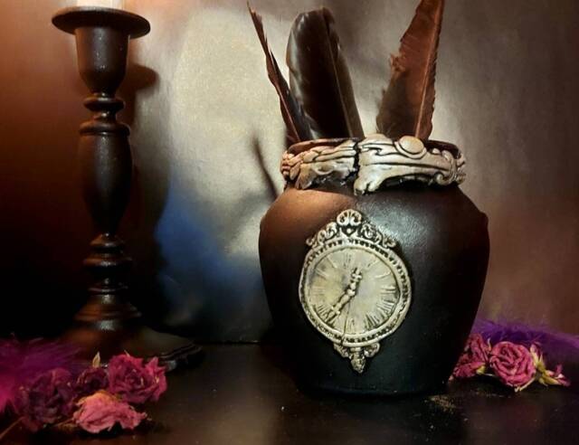Gothic Pen Holder, Dark Academia, Aesthetic Decor, Halloween Witch Fountain Goth Brush - image 1