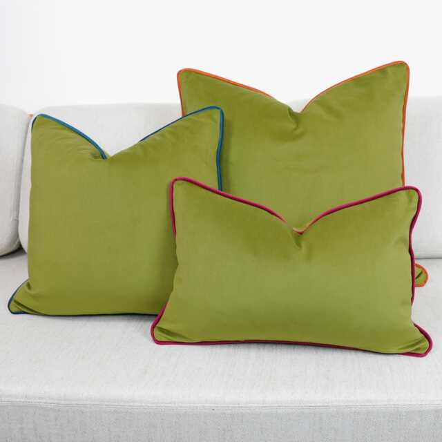 Olive Green Velvet Scatter Cushion Covers With Contrasting Piping in Luxury Plush Velvet. Blue/Orange/Green/Teal/Mustard Throw Pillows - image 1