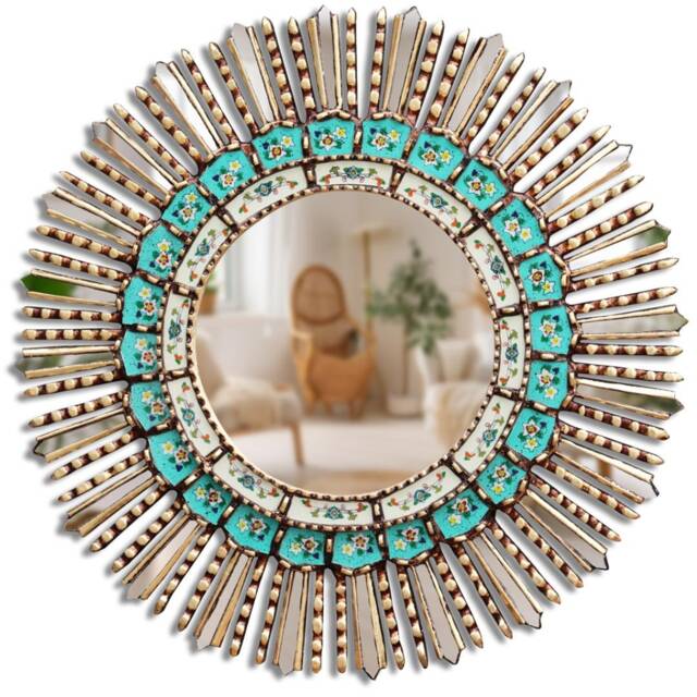 Round Turquoise & Gold Sunburst Mirror 60cm - Large Statement Wall Handmade Peruvian Boho Decorative - image 1