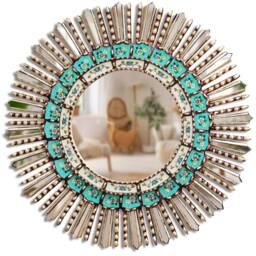 Round Turquoise & Gold Sunburst Mirror 60cm - Large Statement Wall Handmade Peruvian Boho Decorative - thumbnail 1
