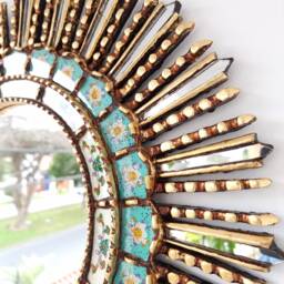 Round Turquoise & Gold Sunburst Mirror 60cm - Large Statement Wall Handmade Peruvian Boho Decorative - thumbnail 3