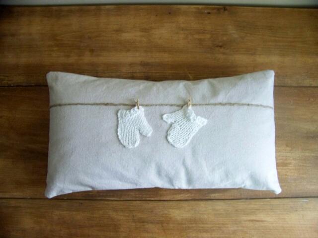 Handmade Mitten Pillow Cover Knitted Mittens On Clothesline - image 1