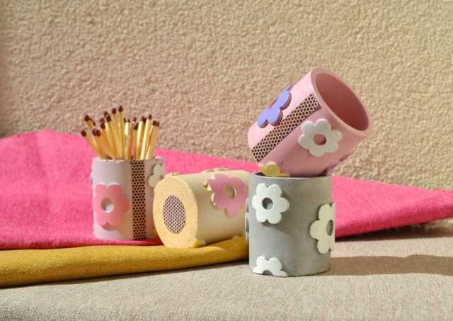 Petal Matchstick Pot With Striker, Cute Long Match Holder, Concrete Storage, Playful Candle Accessories, Funky & Girly Home Decor Gift - image 1