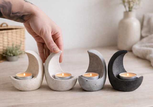 Tea Light Cement Holder - Concrete Candlestick Moon Minimalistic Beton Candle Conteiner Industrial Decor - image 1