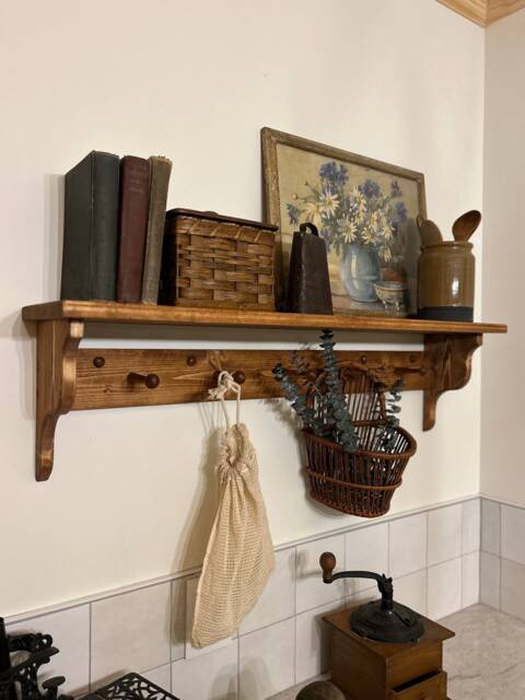 Shaker Peg Rack With Shelf, Stained Coat Rack, Coffee Bar Shelf Hooks, Wood Pegs - image 1