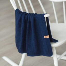 Hand Knitted Merino Wool Baby Blanket - Navy Blue - thumbnail 2