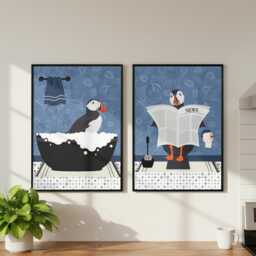 Puffin Bathroom Prints, Bath & Toilet Art, Set Of Two Blue Prints - thumbnail 1