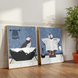 Puffin Bathroom Prints, Bath & Toilet Art, Set Of Two Blue Prints - thumbnail 2
