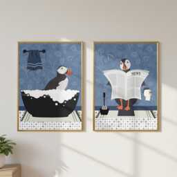 Puffin Bathroom Prints, Bath & Toilet Art, Set Of Two Blue Prints - thumbnail 3