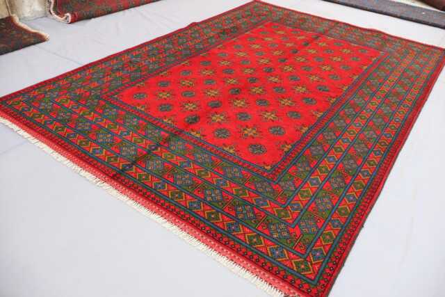 7x10 Handmade Red Rug, Fine Afghan Bukhara Tribal Veg Dyes Wool Area High Pile Soft Carpet, Oriental Turkmen Living Room Rug - image 1