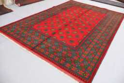7x10 Handmade Red Rug, Fine Afghan Bukhara Tribal Veg Dyes Wool Area High Pile Soft Carpet, Oriental Turkmen Living Room Rug - thumbnail 1