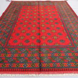7x10 Handmade Red Rug, Fine Afghan Bukhara Tribal Veg Dyes Wool Area High Pile Soft Carpet, Oriental Turkmen Living Room Rug - thumbnail 2