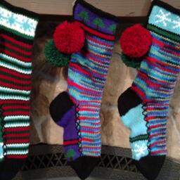 Hand Knit Christmas Stocking Purple Red Turquoise Blue Green Snowflake Detail By Santa's Works - thumbnail 3