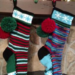 Hand Knit Christmas Stocking Purple Red Turquoise Blue Green Snowflake Detail By Santa's Works - thumbnail 4