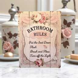 Vintage Bathroom Rules Sign - Rustic Metal Plaque Wall Art Decor Shabby Chic Home Gift - thumbnail 1
