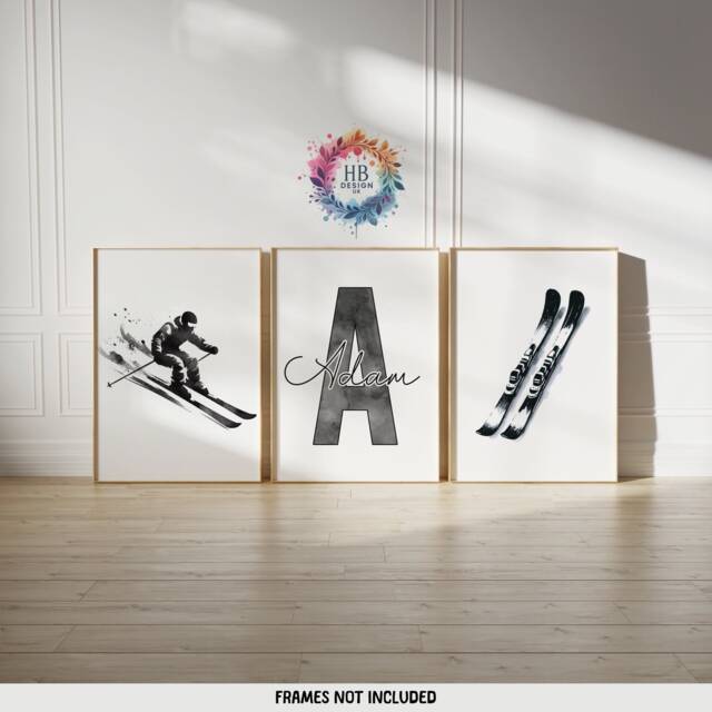 Personalised Skiing Posters - Set Of 3 Prints - Boys Girls Bedroom Decor Custom Ski Wall Art Kids Room Skier Watercolour Gifts - image 1