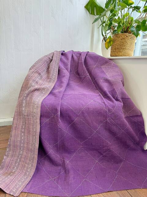 Vintage Handmade Fine Kantha Stitch Reversible Sofa Throw - Country Home Elegant Purple Violet Hues Diamond Stitch Artisan Rare - image 1