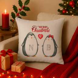 Personalised Penguin Christmas Cushion Cover Cute Penguins Custom Throw Pillow Stocking Filler Christmassy Festive Decor Couple Gift Ekcc14 - thumbnail 1
