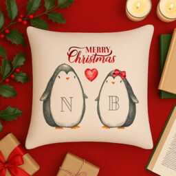 Personalised Penguin Christmas Cushion Cover Cute Penguins Custom Throw Pillow Stocking Filler Christmassy Festive Decor Couple Gift Ekcc14 - thumbnail 2