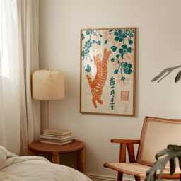 Vintage Woodblock Animal - Orange Tabby Cat Poster Japanese Cherry Blossom Wall Art - thumbnail 2